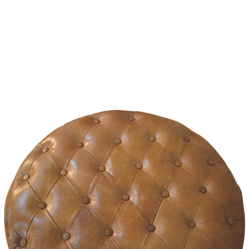 Artisan Furniture Solid Wood Brown Buffalo Leather Round Ottoman with Castor Legs, Brown