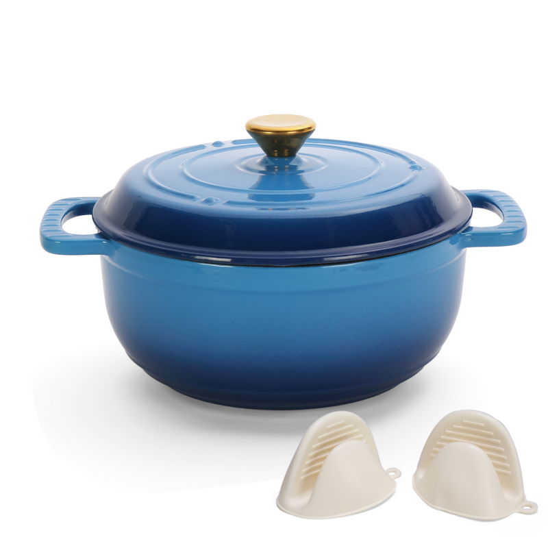 Cast iron 5QT cooking pot - Gradient blue - Includes two silicone gloves - Enamel pot
