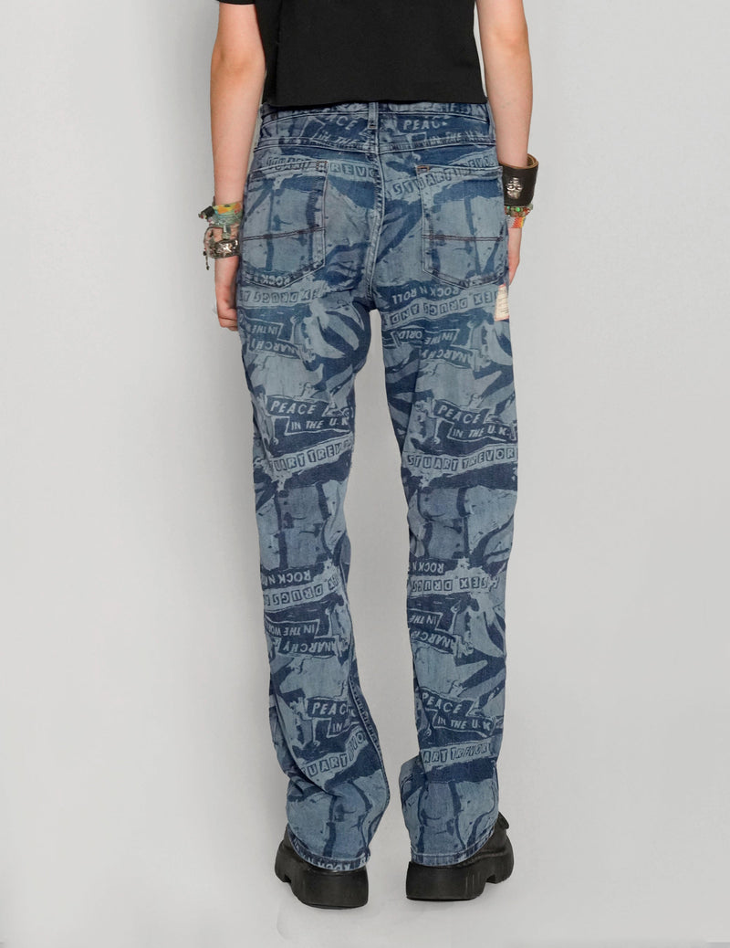 'Peace' Laser Print Jeans in Blue