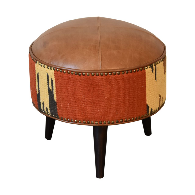 Artisan Furniture Solid Wood Durrie & Leather Mixed Footstool