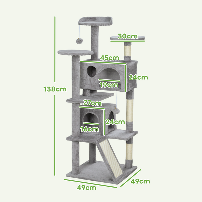 PawHut 138cm Cat Tree with Scratching Posts and Pad, Bed, Condos, Light Grey