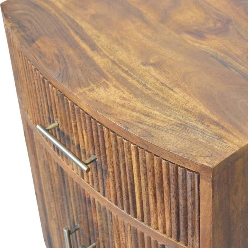 Artisan Furniture Solid Wood Solid Wood Curved Ribbed Bedside, 1 Drawer And 2 Shelfs, Brown