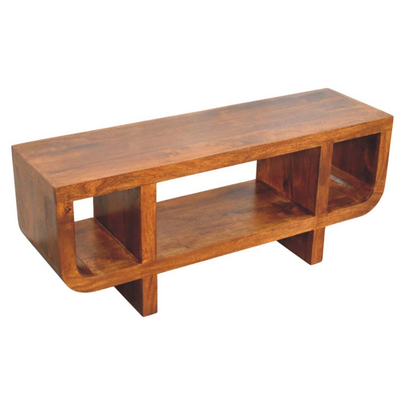 Artisan Furniture Solid Wood Orion Curved Chestnut Media Unit, 3 Open Shelves, Dark Brown