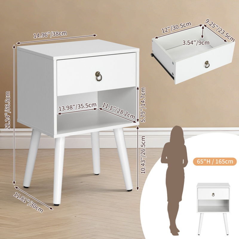 White P2 particleboard with solid wood legs, linen-textured melamine finish, and ring pull handle. 38*30*55cm. One drawer with a lower compartment. Bedside table. 1PC