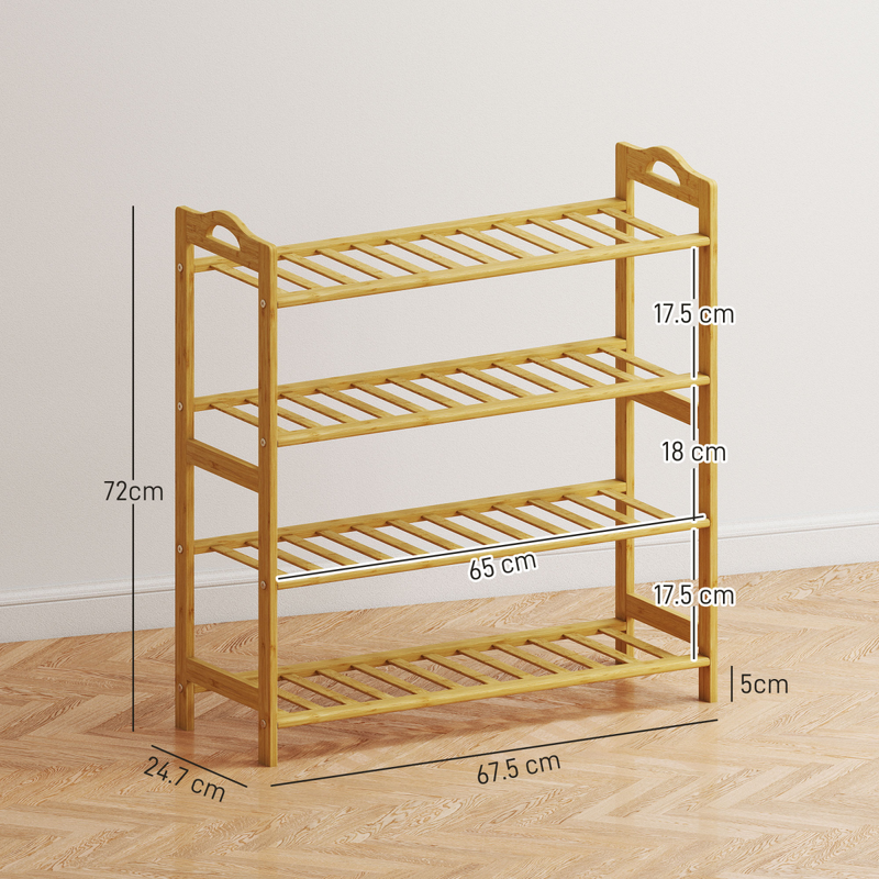 HOMCOM 4-Tier Shoe Rack, Bamboo Shoe Shelf Stand, Natural Wood Finish