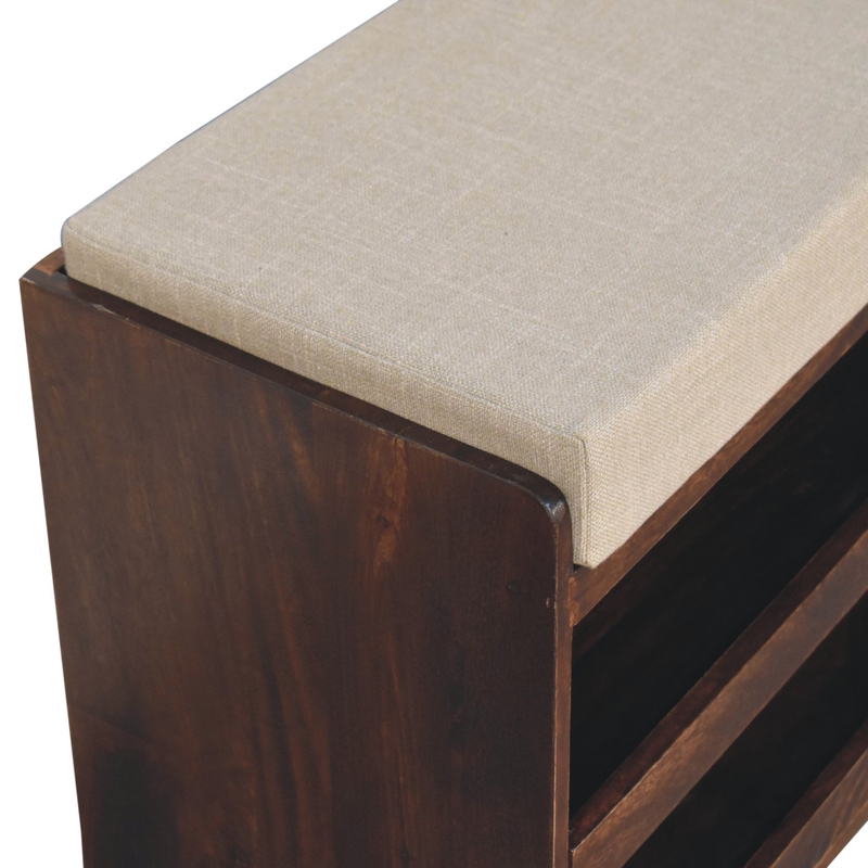 Artisan Furniture Solid Wood California Walnut & Mud Linen Pull out Shoe Bench, Upholstered, 2 Shelves, Brown