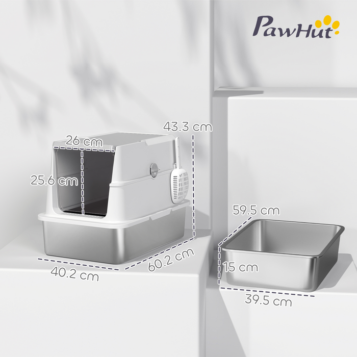 PawHut Extra Large Stainless Steel Cat Litter Tray with Scoop, Flip Top