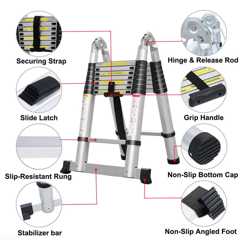 DayPlus Telescopic Aluminium 2.6M-5M Folding Step Ladder,Multi-purpose,Non-slip,Extendible,Rungs,Lightweight,150kg Load Capacity