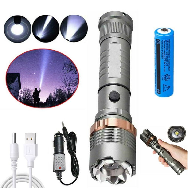 USB Rechargeable LED Flashlight Lamp 5-Modes Zoomable Hiking Camping Outdoor Torch +Batt+ USB Cable + Car Char