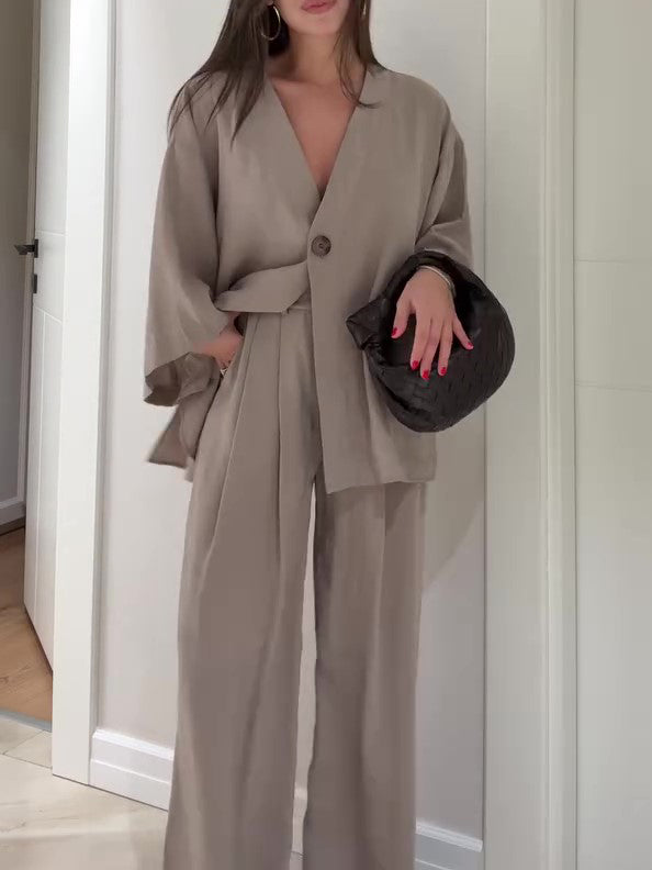 Solid Color Single Button Top And Pants Set