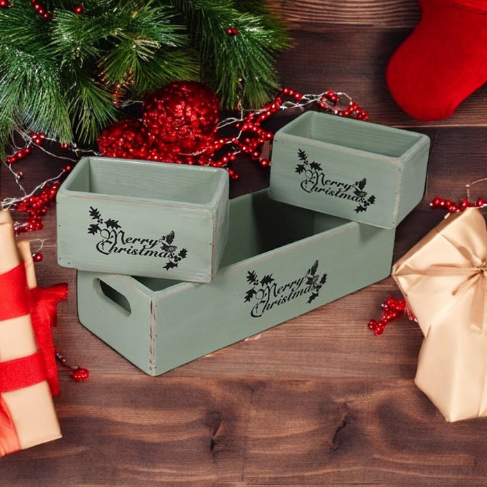 34/15/15CM SET 3 RUSTIC GREEN WOODEN BOXES