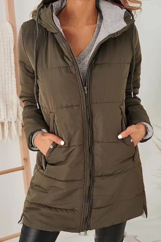 Women's Hooded Solid Color Pocket Long Cotton Jacket Coat