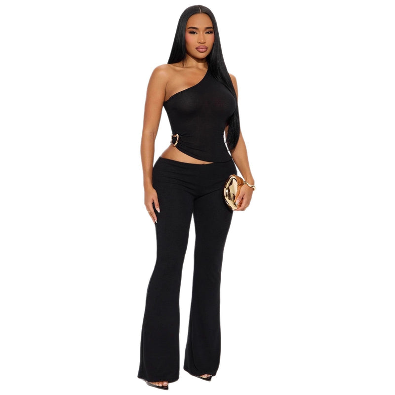 Fashionable Solid-Color Slim-Fit Asymmetrical-Neck Tops And Pants Set That Flatters Your Figure