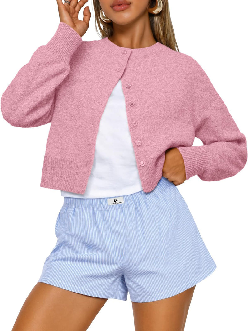 Buttoned Long-sleeve Crew-neck Solid-color Cropped Knit Sweater
