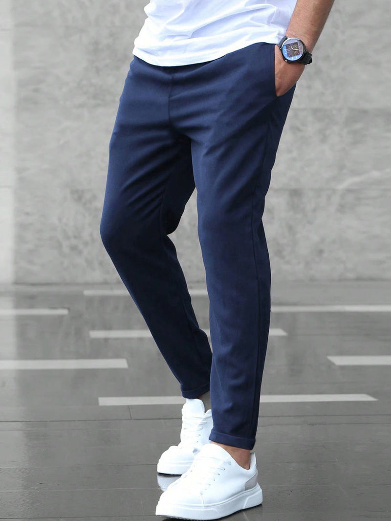 Men's Casual Drawstring Trousers Slim Fit Straight Leg Pants with Pockets Trendy