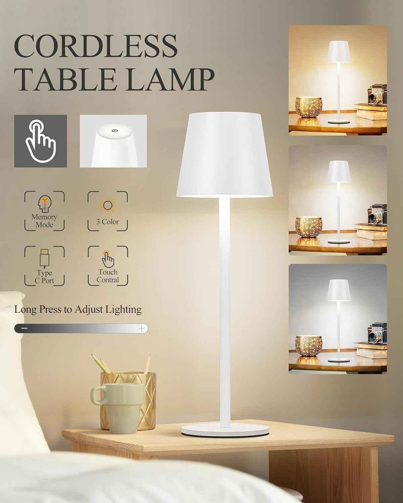 Cordless LED Table Lamp Rechargeable Desk Light IP54 Touch Dimmable White 2 Pack