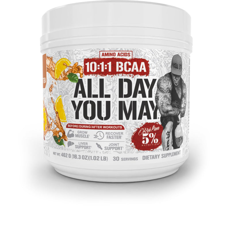 5% Nutrition Rich Piana AllDayYouMay BCAA Powder – Intra & Post-Workout Aminos, Hydration, Endurance | Southern Sweet Tea 16.3 oz