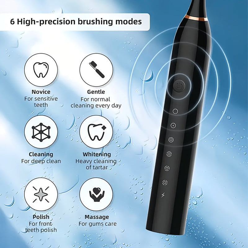 Rechargeable 6-Speed Electric Toothbrush with Smart Timer - USB Charging, Portable Toothbrush
