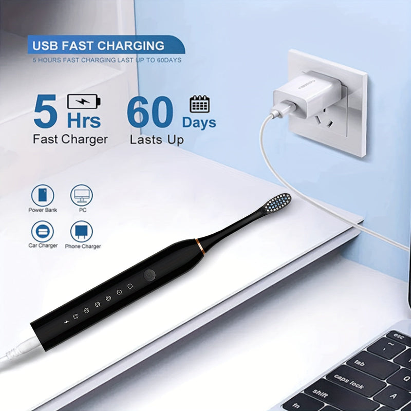 Rechargeable 6-Speed Electric Toothbrush with Smart Timer - USB Charging, Portable Toothbrush