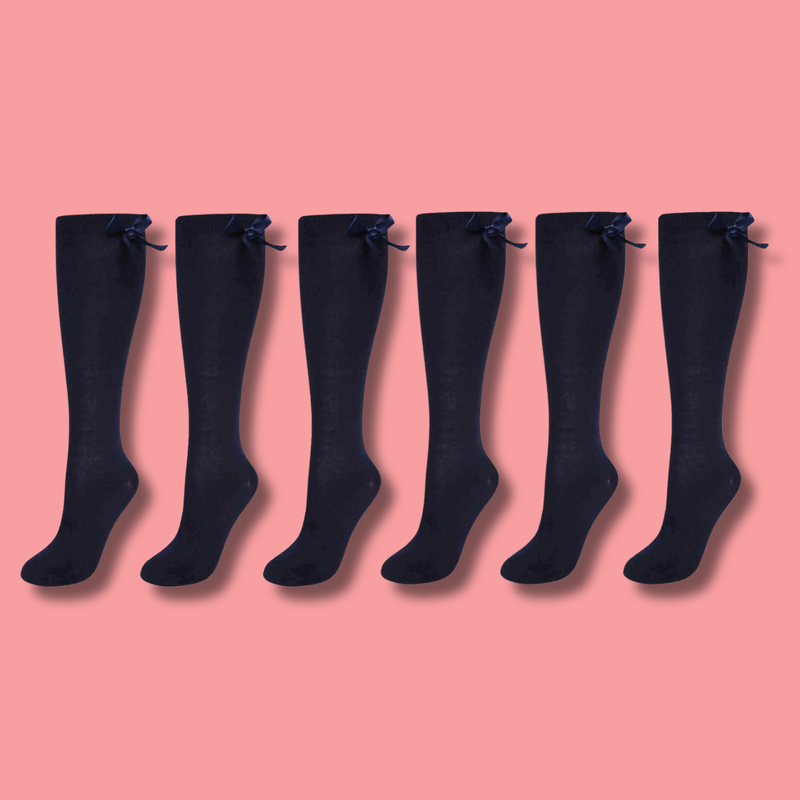 6 Pairs Girls Knee High Socks With Ribbon Bows Back To School Cotton Rich Long Socks Stylish Comfortable Durable For Uniforms Everyday Wear Ages 2-16 Years by Sock Stack