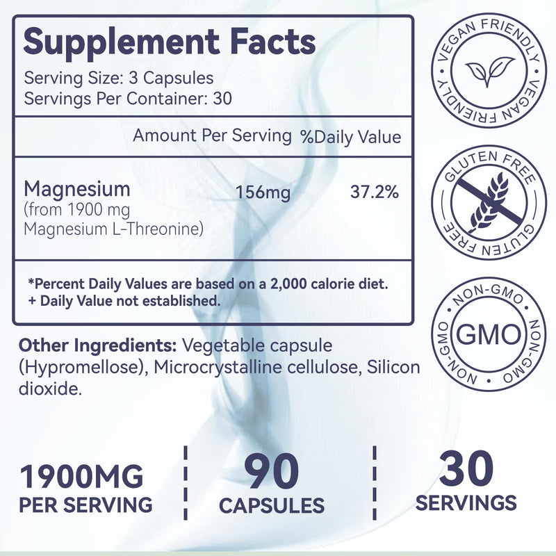 Magnesium L-Threonine, High Absorption Magnesium Supplement,1900mg Magnesium Threonine, Gluten Free, Non-GMO,180 Vegan Capsules