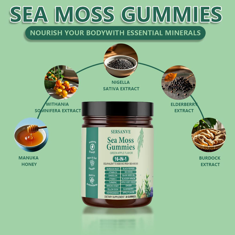 Sea Moss Gummies 16-in-1, with Black Seed Oil, Ashwagandha & Elderberry | Irish Sea Moss Supplement for Men & Women | Daily Wellness Support with Manuka, Burdock Root & Vitamins C & D3, 30 Gummies