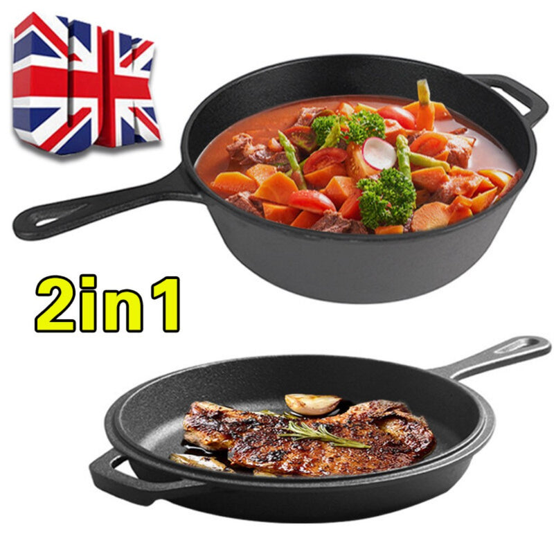 Cast Iron Casserole Dish Pot Pan Cook Camping Stew Dutch Oven Stockpot/Skillet