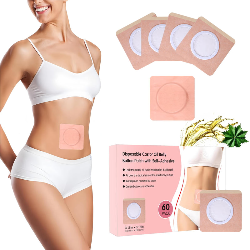 60Pcs Disposable Castor Oil Belly Button Patch - 3.15 x 3.15 Inches, Self-Adhesive, No-Wash, Organic Cotton, Anti-Seepage