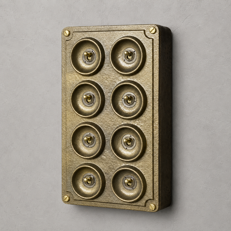 8 Gang 2 Way Bronze Solid Cast Metal Conduit Light Switch Industrial - BS EN Approved Vintage Crabtree 1950’s Style