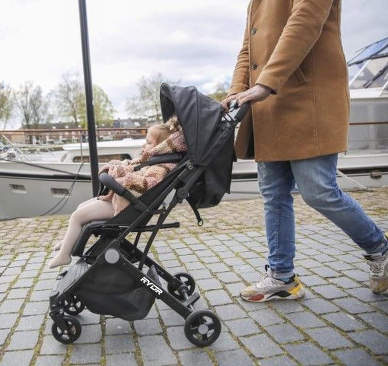 RYDR C8 Compact Travel Pushchair | Lightweight Baby Stroller/Pram/Buggy for 0–3 years/15kg | Easy One-Hand Fold, 5-Point Harness, Adjustable Back, Leg Rest and Canopy, Shopping Basket (Black)