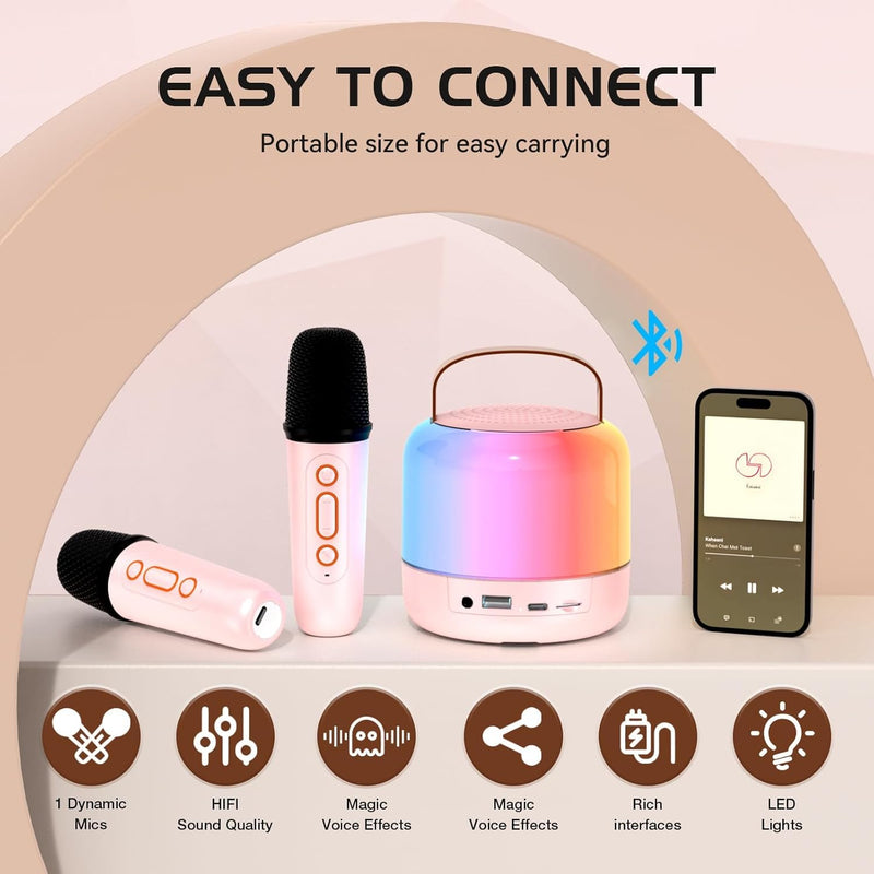 Karaoke Machine for Kids with 2 Microphones, Girls Toys Portable Kids Karaoke Machines for Girls with LED Party Lights,Bluetooth Speaker Birthday for Kid,14-18 Years Old(Pink 2 Mic)