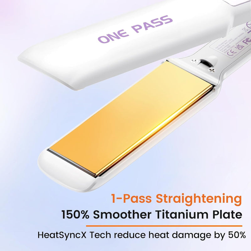 One-Pass Professional Hair Straighteners, 42mm Wide Plate Titanium Negative Ion Flat Iron, 30s Rapid Heating, 11 Adjustable Temperature Levels (130-230℃), Real-time Temperature Display (White)