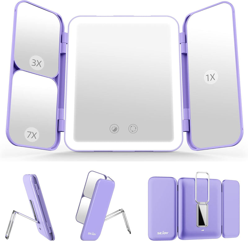 SEJOY Tri-Fold LED Makeup Mirror – 1X/3X/7X Magnification, 3 Light Colours, Rechargeable (Purple)