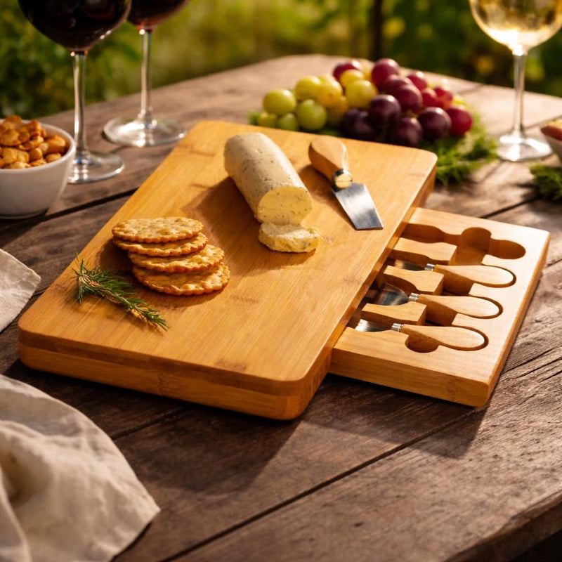 Bamboo Cheese Board & Knife Set Wooden Serving Platter
