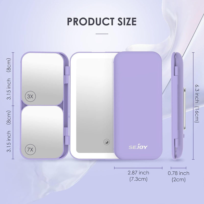SEJOY Tri-Fold LED Makeup Mirror – 1X/3X/7X Magnification, 3 Light Colours, Rechargeable (Purple)