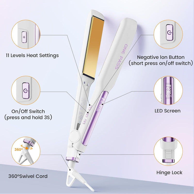 One-Pass Professional Hair Straighteners, 42mm Wide Plate Titanium Negative Ion Flat Iron, 30s Rapid Heating, 11 Adjustable Temperature Levels (130-230℃), Real-time Temperature Display (White)