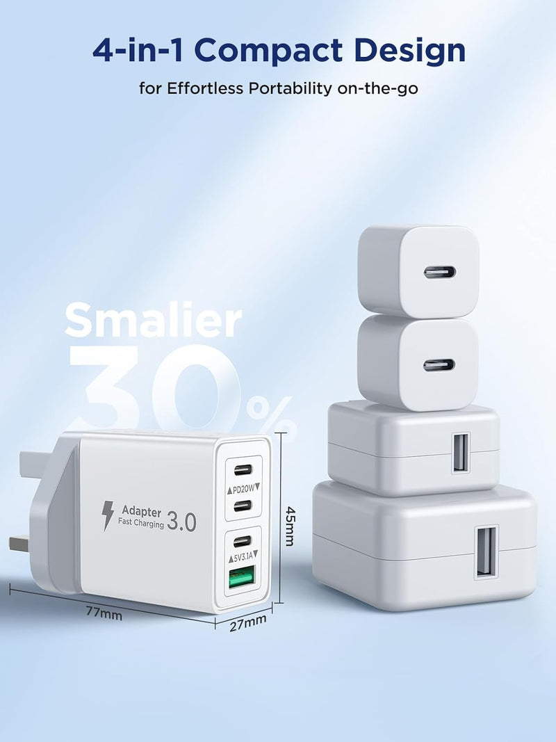 2-Pack USB C Charger, 40W USB C Plug Fast Charger 4 Port PD Type C Charging Plug+QC USBPlug UK USBC Power Adapter Multi Plugs Samsung Charging Plugs for iPhone 16 15 14 13 Pro Max XR XS, iPad,Samsung