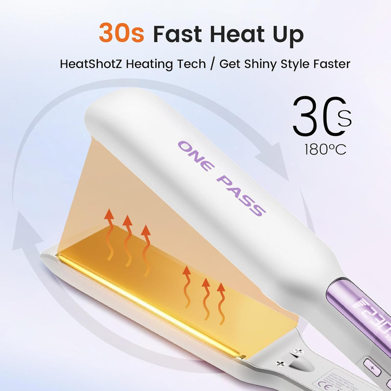 One-Pass Professional Hair Straighteners, 42mm Wide Plate Titanium Negative Ion Flat Iron, 30s Rapid Heating, 11 Adjustable Temperature Levels (130-230℃), Real-time Temperature Display (White)