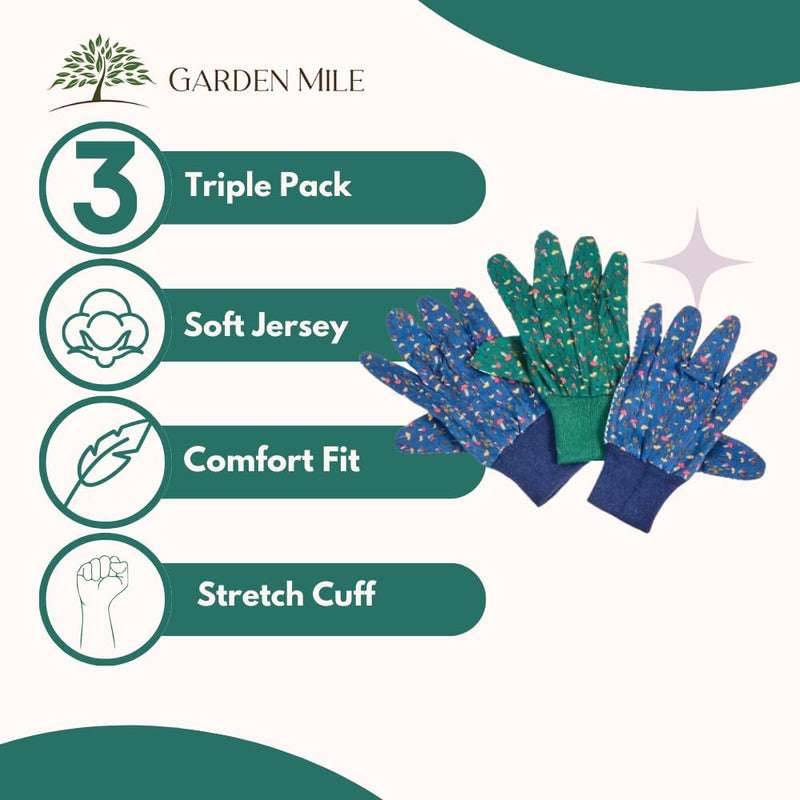 Triple Pack Garden Gloves Cotton Grips - Mushroom Design