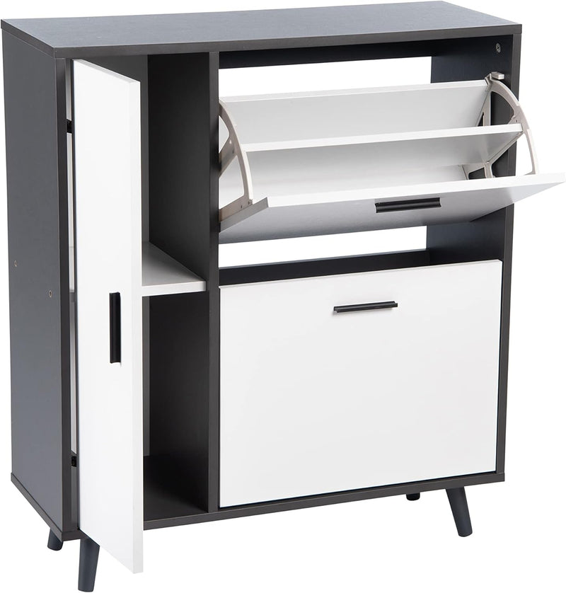 Greenhurst Shoe Storage Cabinet with Side Cupboard, Wooden Grey/White H86 x W75cm