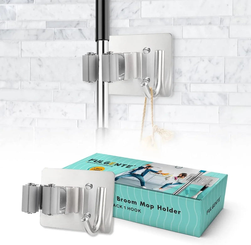 Mop Broom Holder Wall Mounted Heavy Duty Clips & Hanger Storage Rack 1 Hook 2 pk