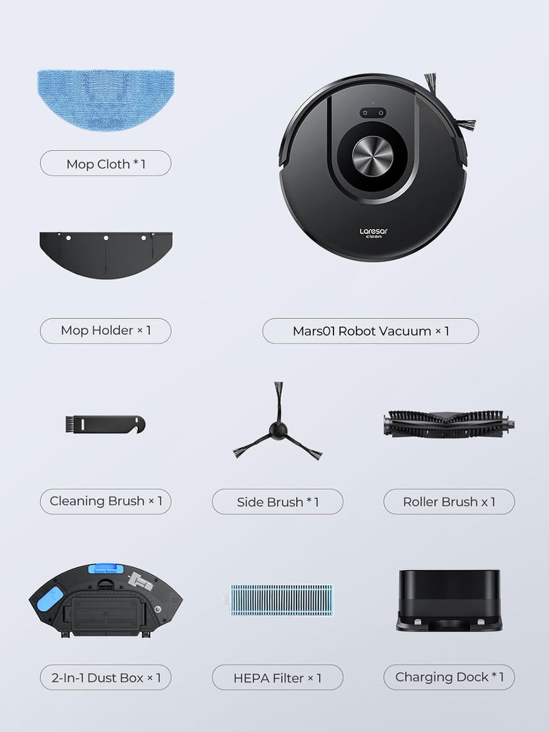 Laresar Mars01 Robotic Vacuum Cleaner with Mop | 8000Pa Suction | Lidar Navigation | 180-Min Battery | Alexa, App and Voice Control | Pet Hair, Carpet and Hard Floor