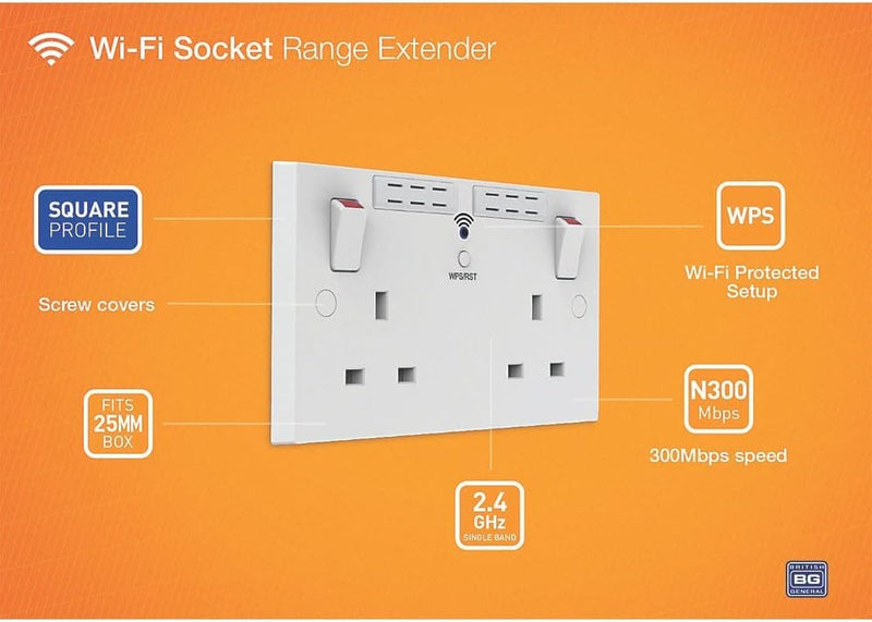 British General Square Edge 13A 2 Gang Switched Socket with Wi-Fi Extender - White