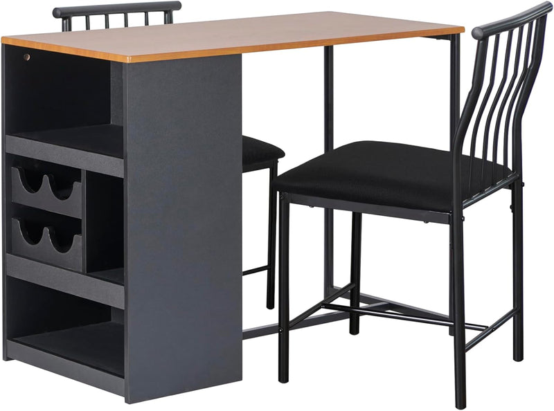 Greenhurst Studio Bistro Dining Set with 2 fabric covered chairs, added Storage and wine rack L100 x W50 x H76cm (Black)