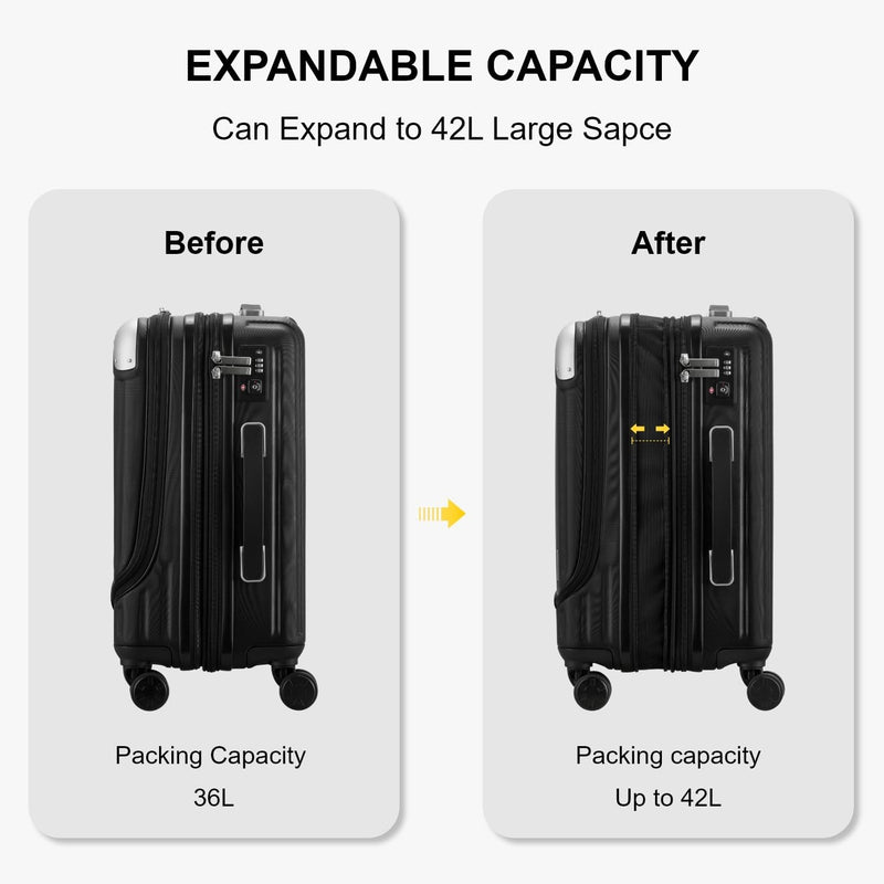 Carry On Suitcase 55cm Expandable Laptop Compartment TSA Black LEVEL8 Cabin Luggage