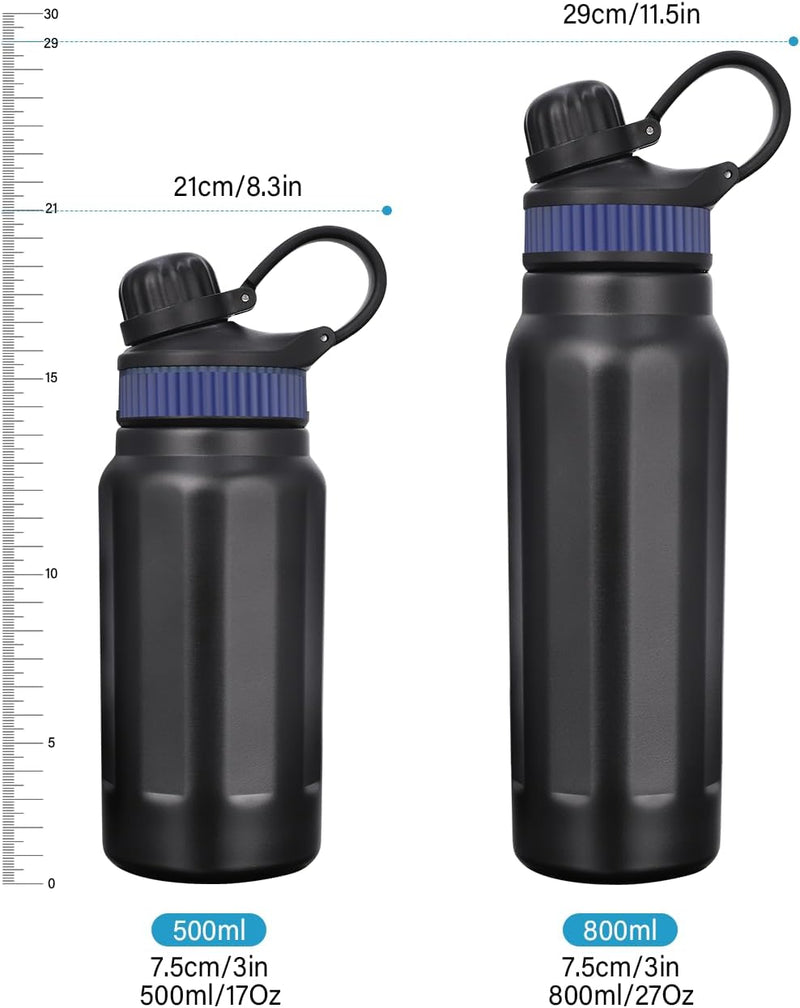 Insulated Stainless Steel Water Bottle 800ml - Leak Proof Water Bottle for On the Go with Straw, 2 Silicone Bands - BPA Free - Insulated Flask for Adults, Fitness, Sports
