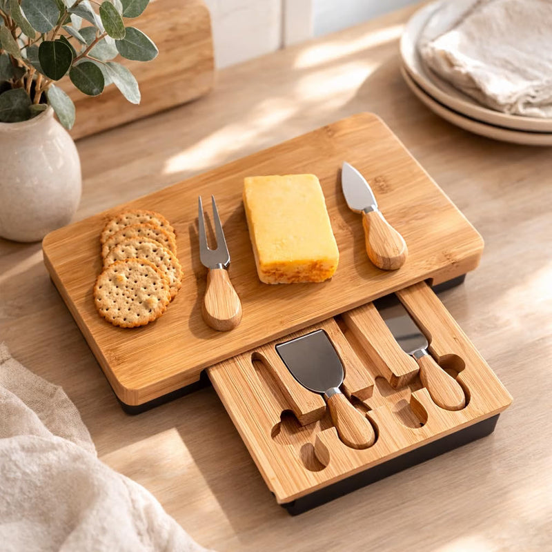 Bamboo Cheese Board & Knife Set Wooden Serving Platter