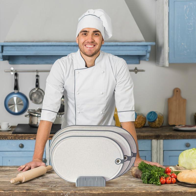 Grey Plastic Chopping Board Set 3-Piece - Non Slip, Handles, Kitchen Prep