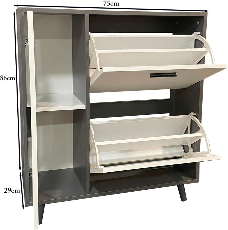 Greenhurst Shoe Storage Cabinet with Side Cupboard, Wooden Grey/White H86 x W75cm