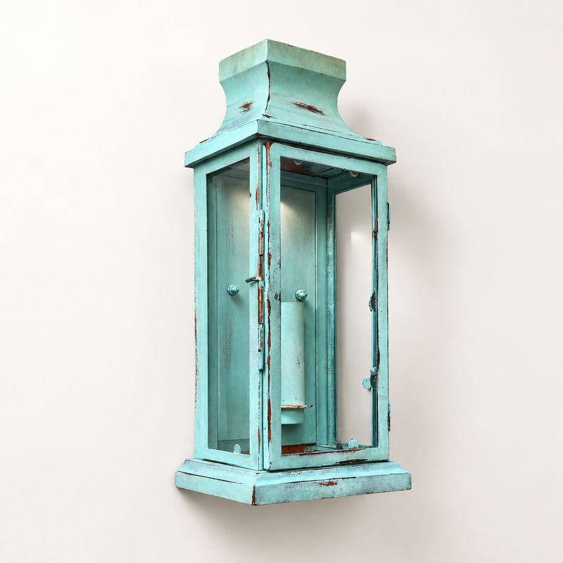 Reedham - Verdigris Effect Flush Wall Lantern Glass Sconce